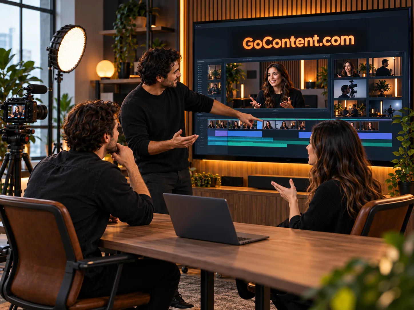 A content team reviews a video project on a display headed GoContent.com.