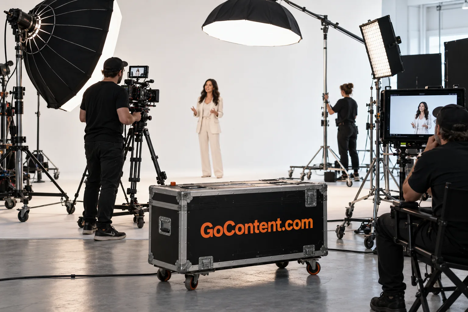 A camera operator films a presenter in a studio with GoContent.com branding on production equipment.