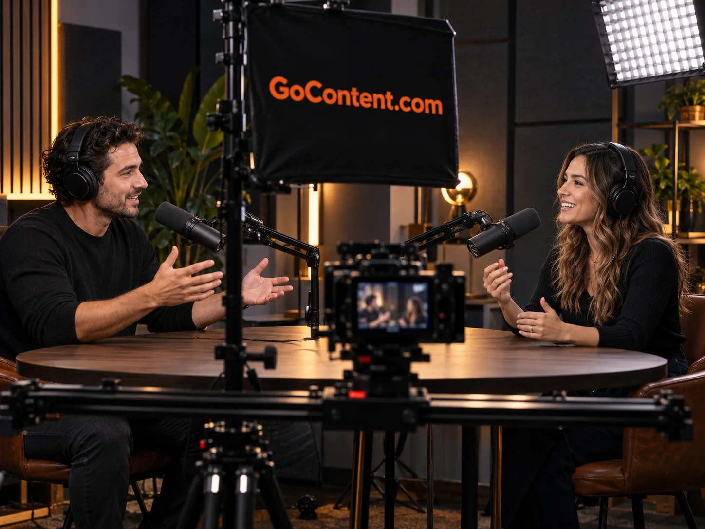 A podcast production studio with GoContent.com on its large light modifier.